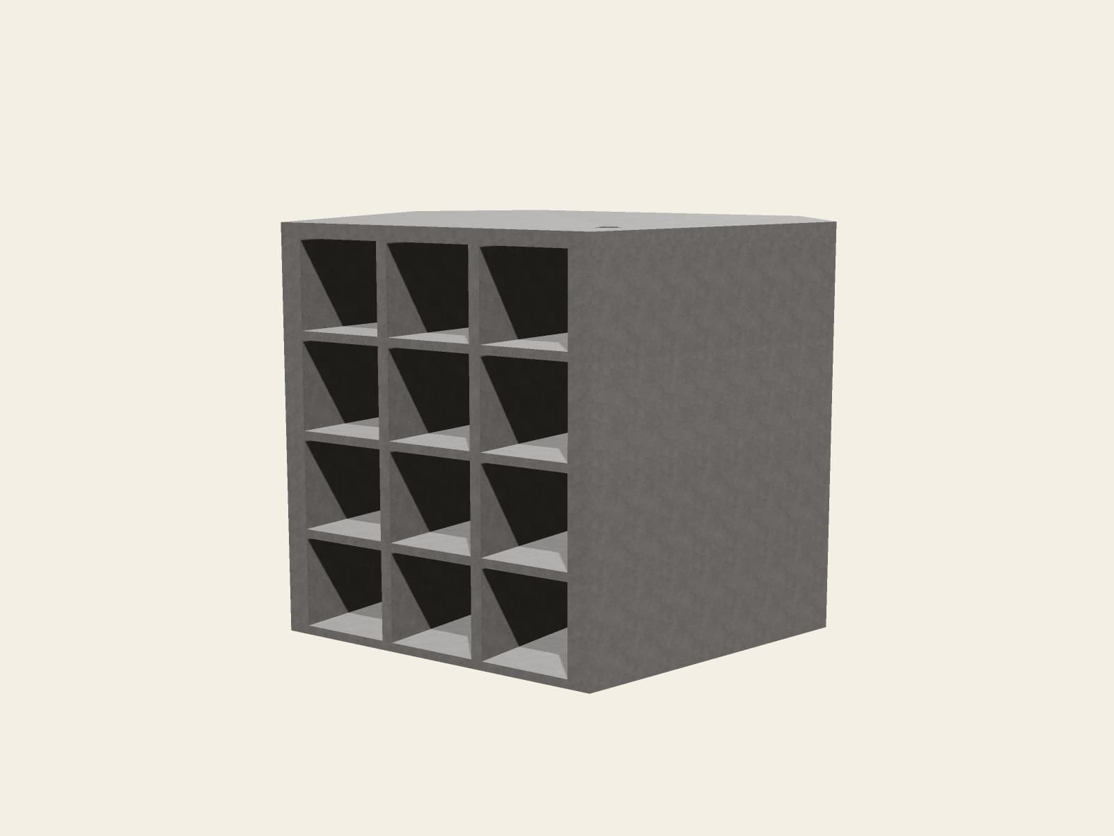 Studio render of a precast modular mausoleum unit, three-quarter view showing twelve crypt niches in its open front face.